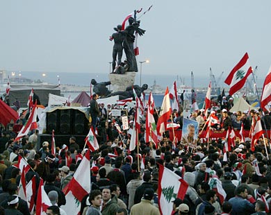 Tens of thousands of protesters gather in Beiruts Martyrs Square.